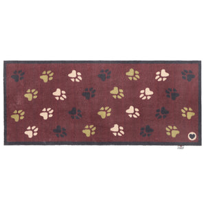 Wipe Your Paws Burgundy Runner in a dark red- a 100% recycled cotton runner featuring scattered paw prints in dark navy, light green, and beige.