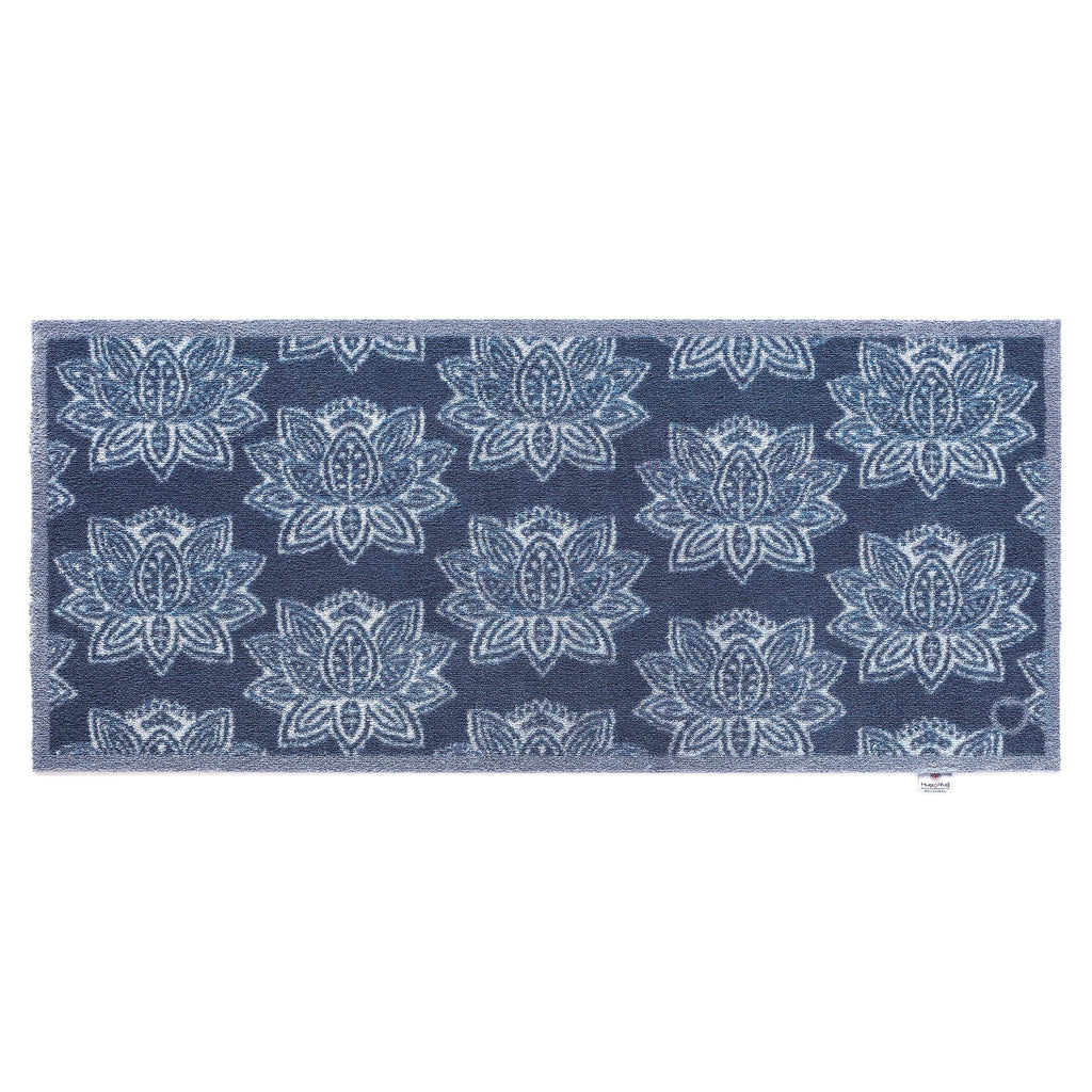 Woodblock 1 Navy Runner in navy- a 100% recycled cotton runner featuring a white and navy heritage pattern.