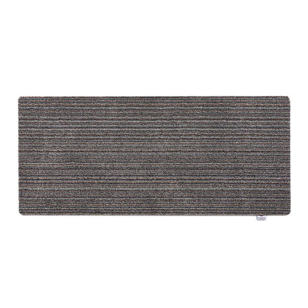 Candy Rocks Striped Washable Runner- a 100% recycled material runner featuring a subtle striped pattern in shades of beige, grey, and orange.