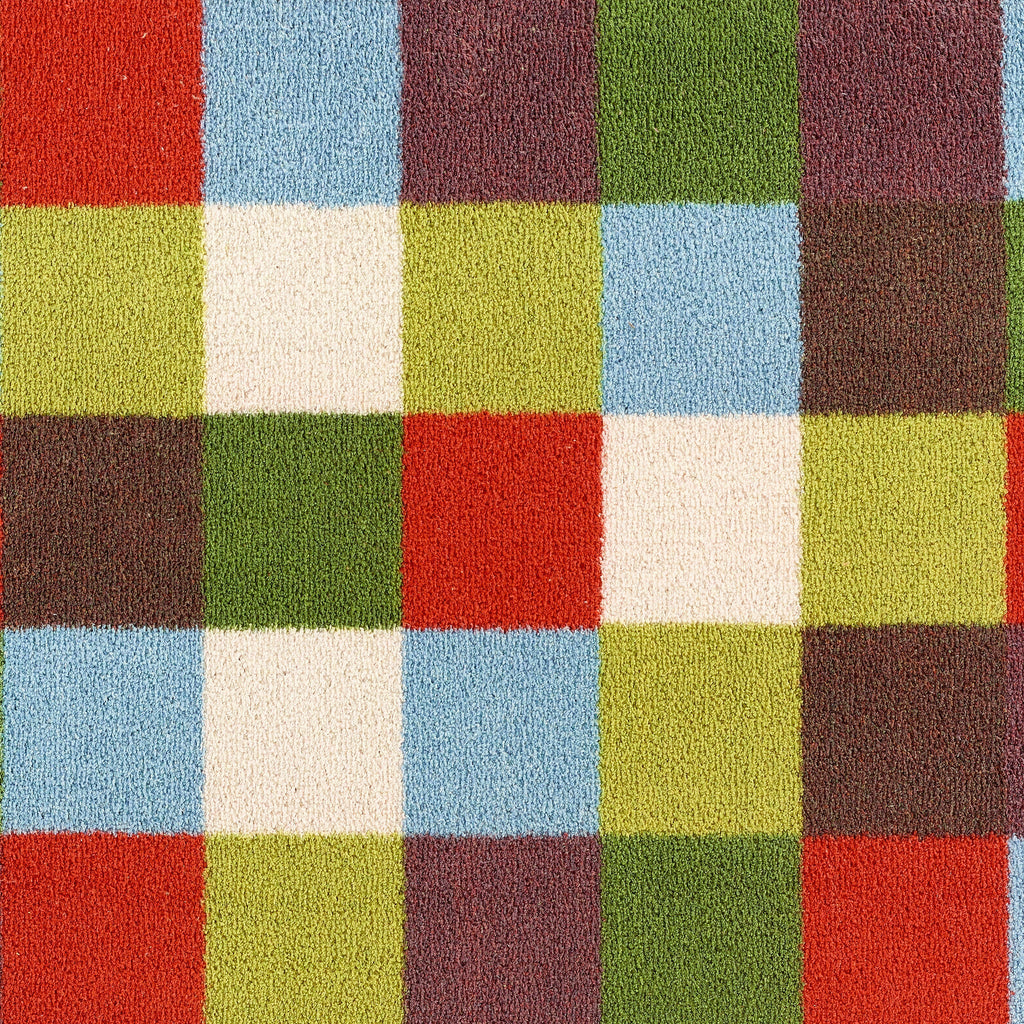 Check 10 Washable Runner- a 100% recycled cotton runner featuring multicoloured square checks in red, blue, white, and plum.