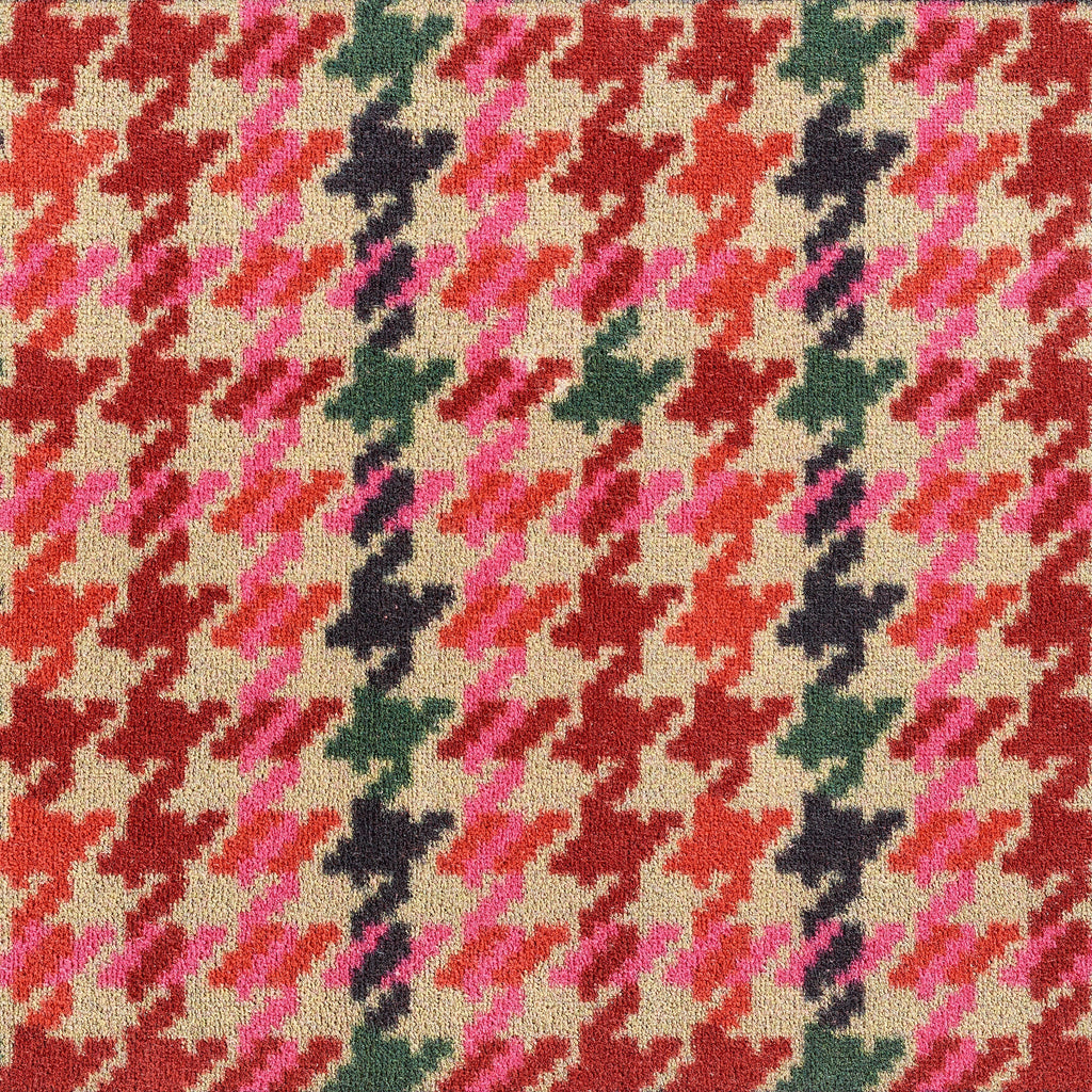 Designer 27 Washable Runner- a 100% cotton runner featuring a vertical houndstooth pattern in shades of pink, red, green, and dark navy.