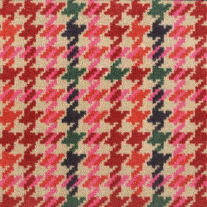 Designer 27 Washable Runner- a 100% cotton runner featuring a vertical houndstooth pattern in shades of pink, red, green, and dark navy.