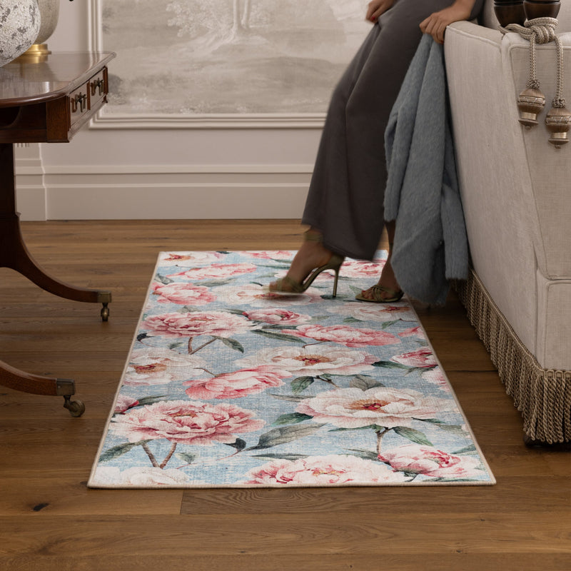 Spring Collection - Blooming Peonies Blue Eco‑Washable Runner