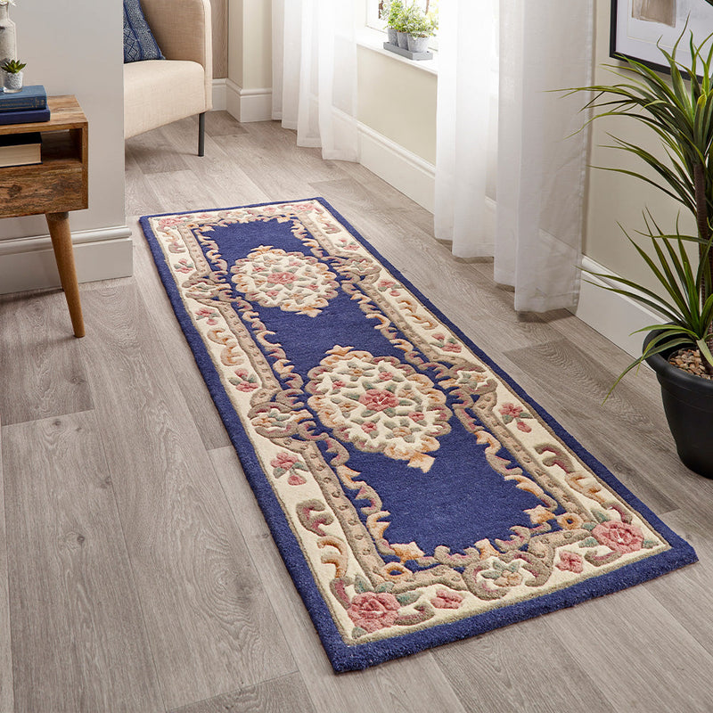 Traditional Runners - Shensi Aubusson Rug Runner in Navy Blue