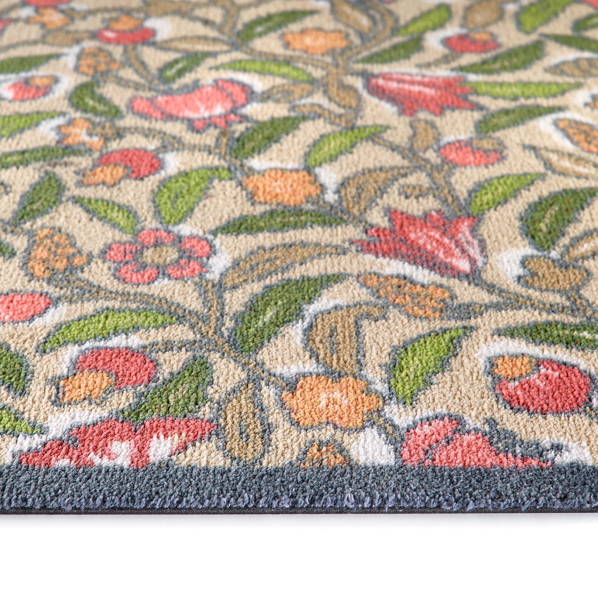 May Floral Washable Runner in Beige- a 100% recycled cotton runner featuring hand-painted orange, pink, and burgundy flowers. 