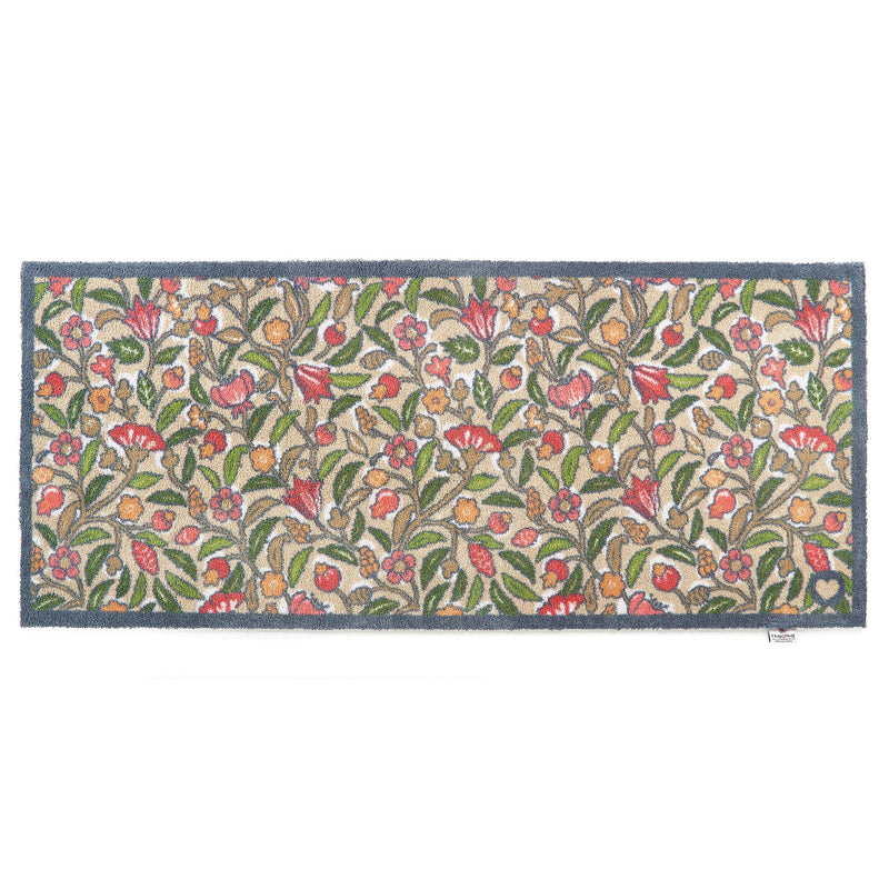May Floral Washable Runner in Beige- a 100% recycled cotton runner featuring hand-painted orange, pink, and burgundy flowers. 