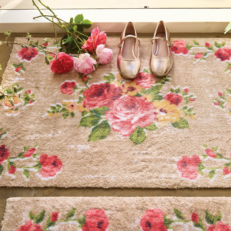 Vintage Rose Washable Doormat made from 100% recycled cotton, featuring hand painted roses. 