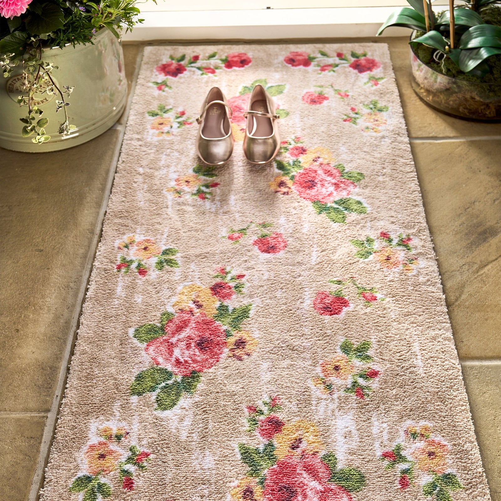 Vintage Rose Washable Runner- a 100% recycled cotton runner featuring collection of hand-painted pink and orange roses.