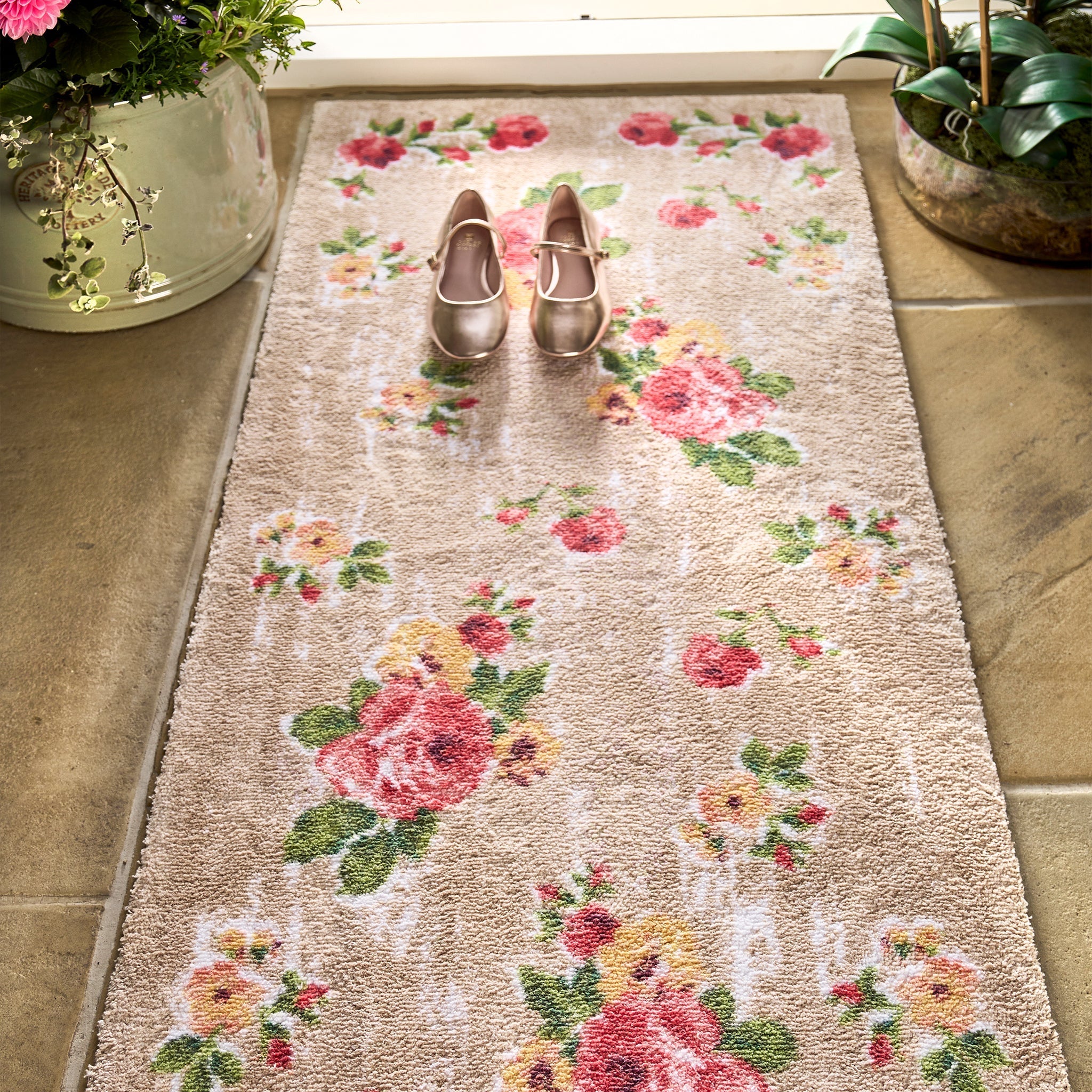 Vintage Rose Washable Runner- a 100% recycled cotton runner featuring collection of hand-painted pink and orange roses.