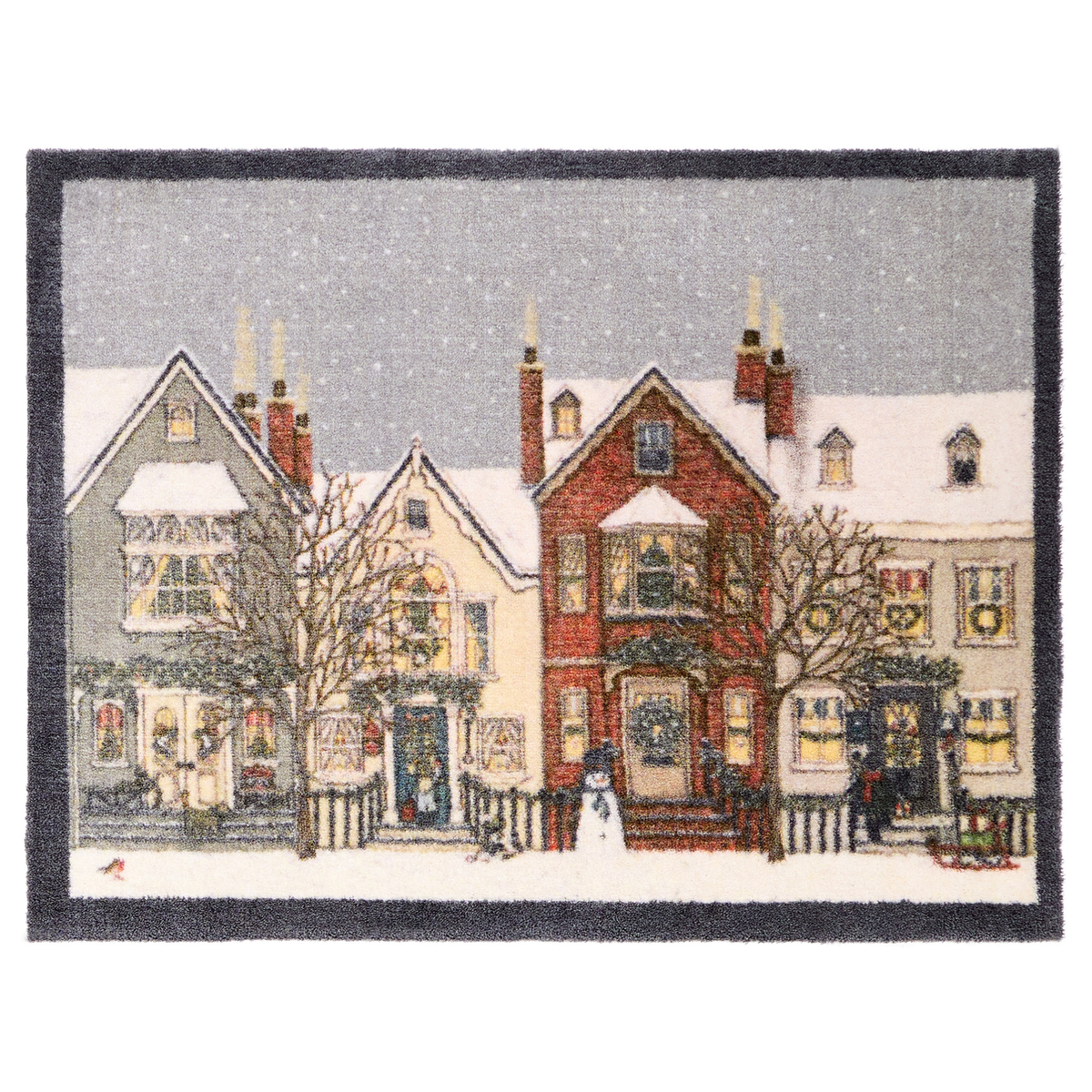 A rectangular doormat featuring a winter village scene with snow-covered houses, bare trees, storefronts, and a gray sky, finished with a dark border.