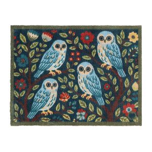 Alison Owl Washable Doormat- a cotton doormat featuring four owls surrounded by nature.