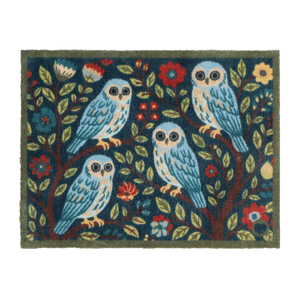 Alison Owl Washable Doormat- a cotton doormat featuring four owls surrounded by nature.