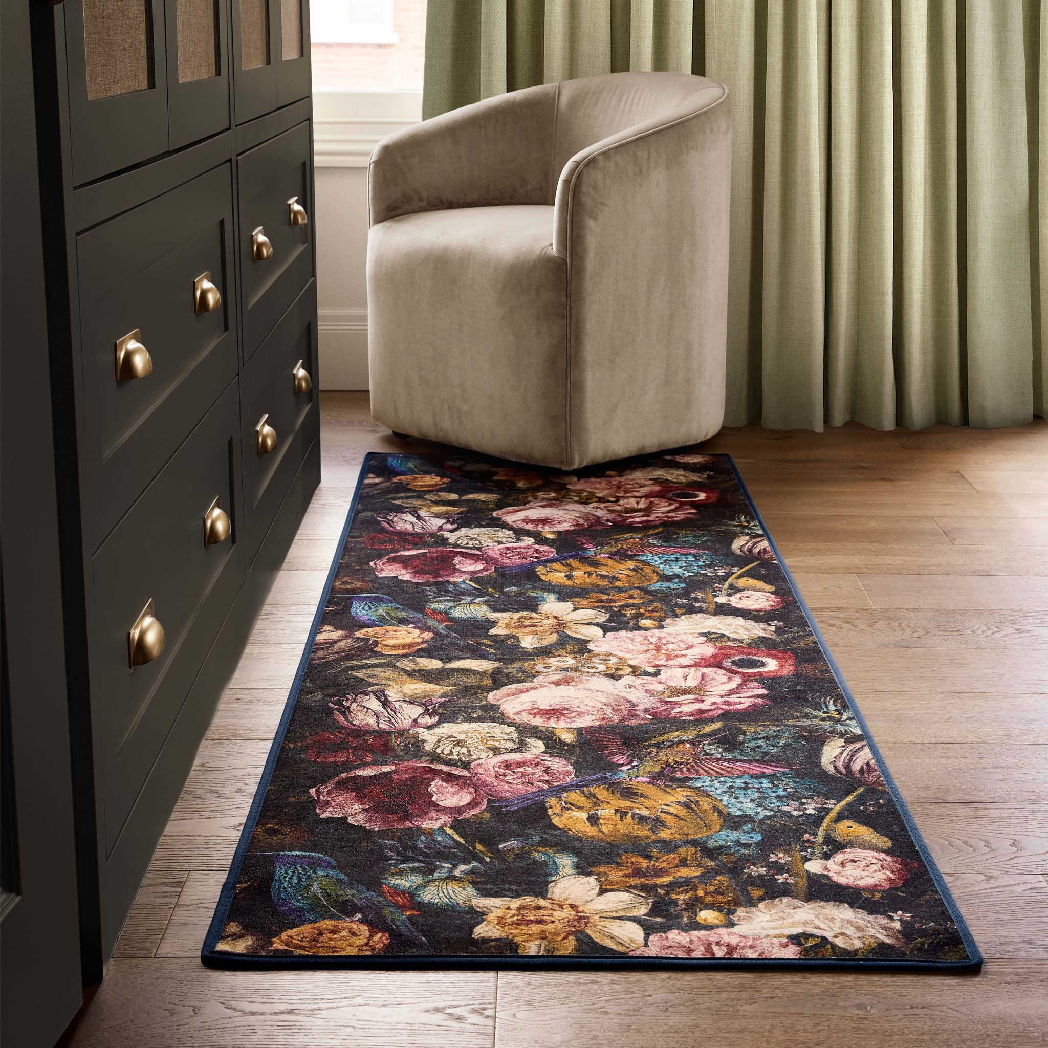 Allure Eco-Washable Runner with a floral pattern, styled on wooden flooring.