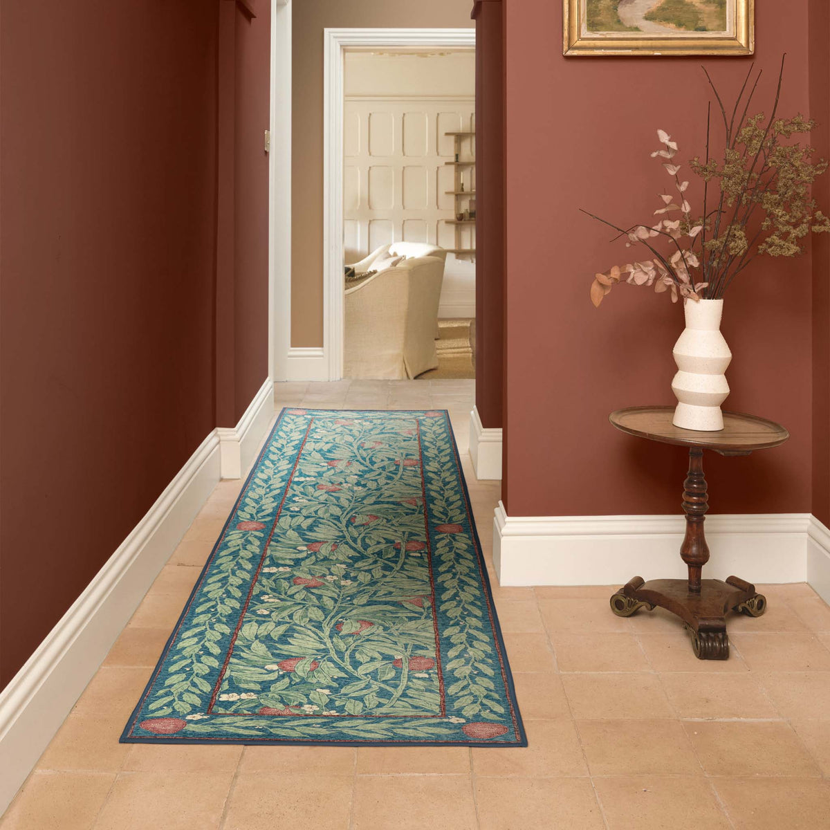 Ancient Apple Orchard Midnight Eco-Washable Runner with an apple tree design styled on tiled flooring.