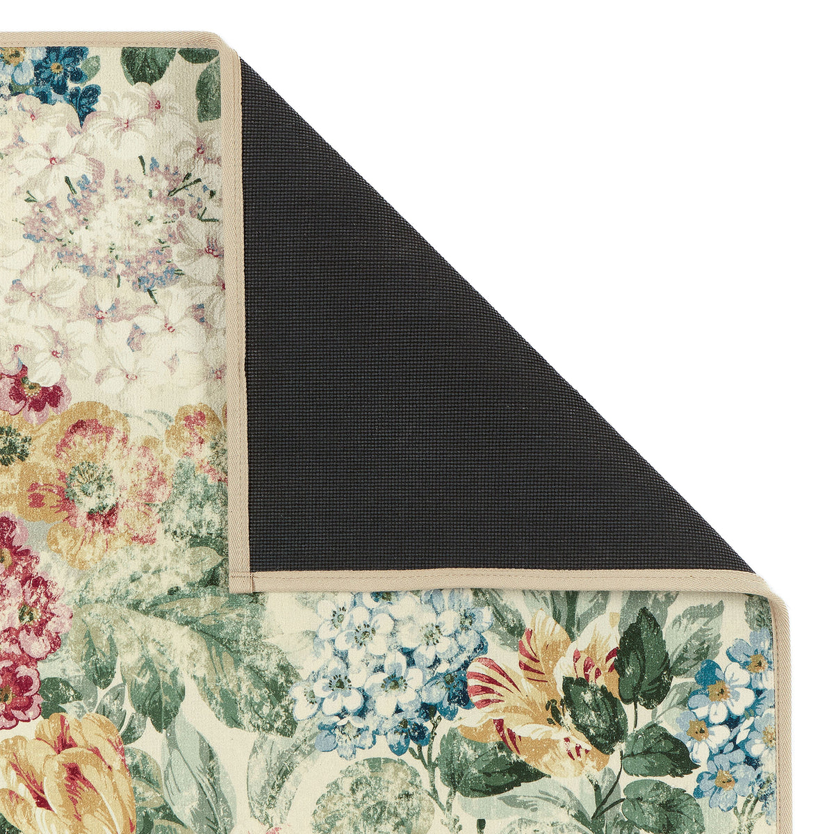Antique Hydrangea & Rose Eco-Washable Runner with floral design showing the rubber backing. 