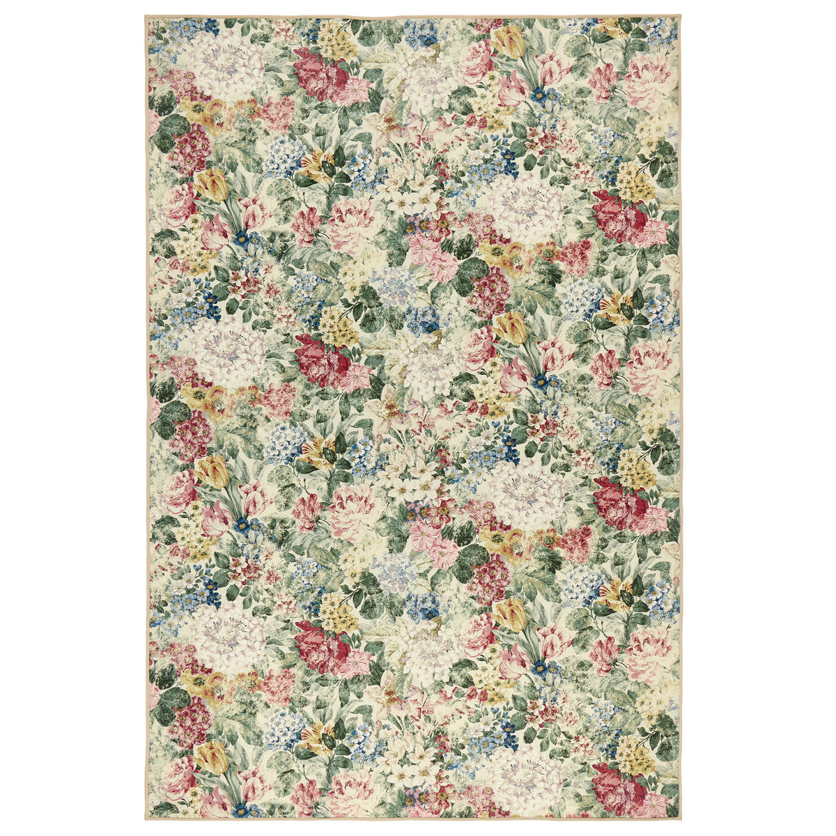 Antique Hydrangea & Rose Chintz Eco-Washable Rug with a floral design. 