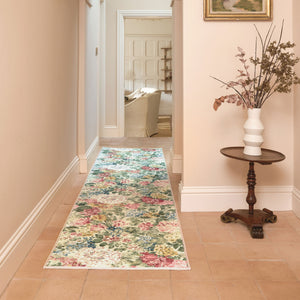 Antique Hydrangea & Rose Eco-Washable Runner with a floral design, styled on tiled flooring.