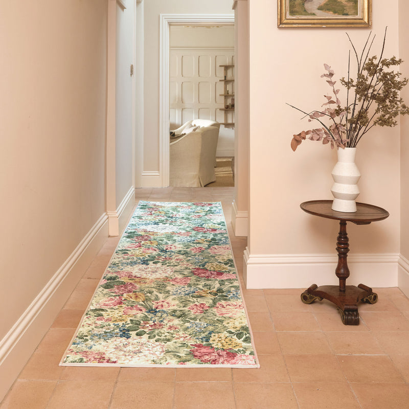 Antique Hydrangea & Rose Eco-Washable Runner with a floral design, styled on tiled flooring.