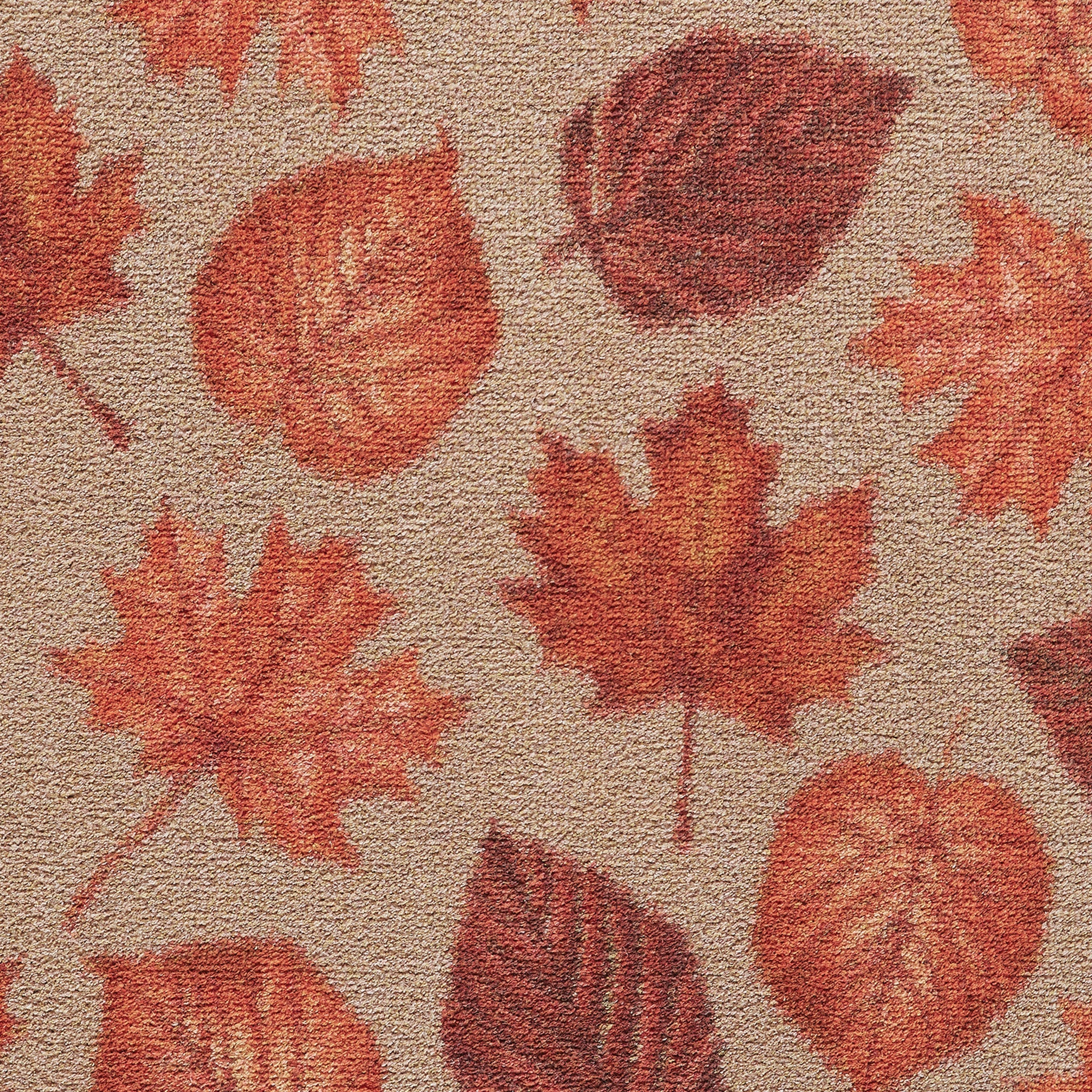 Autumn Leaves Washable Runner in Beige- a 100% recycled cotton runner featuring hand-painted leaves in various shades of orange, red, and brown. 