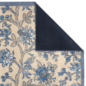 Azalea Walk Wedgwood Washable Doormat with a blue floral design showing the rubber backing.