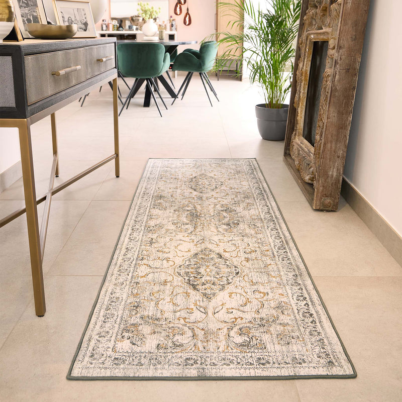 Baroque Eco‑Washable Runner with a textured ornate pattern, styled in a dining room.