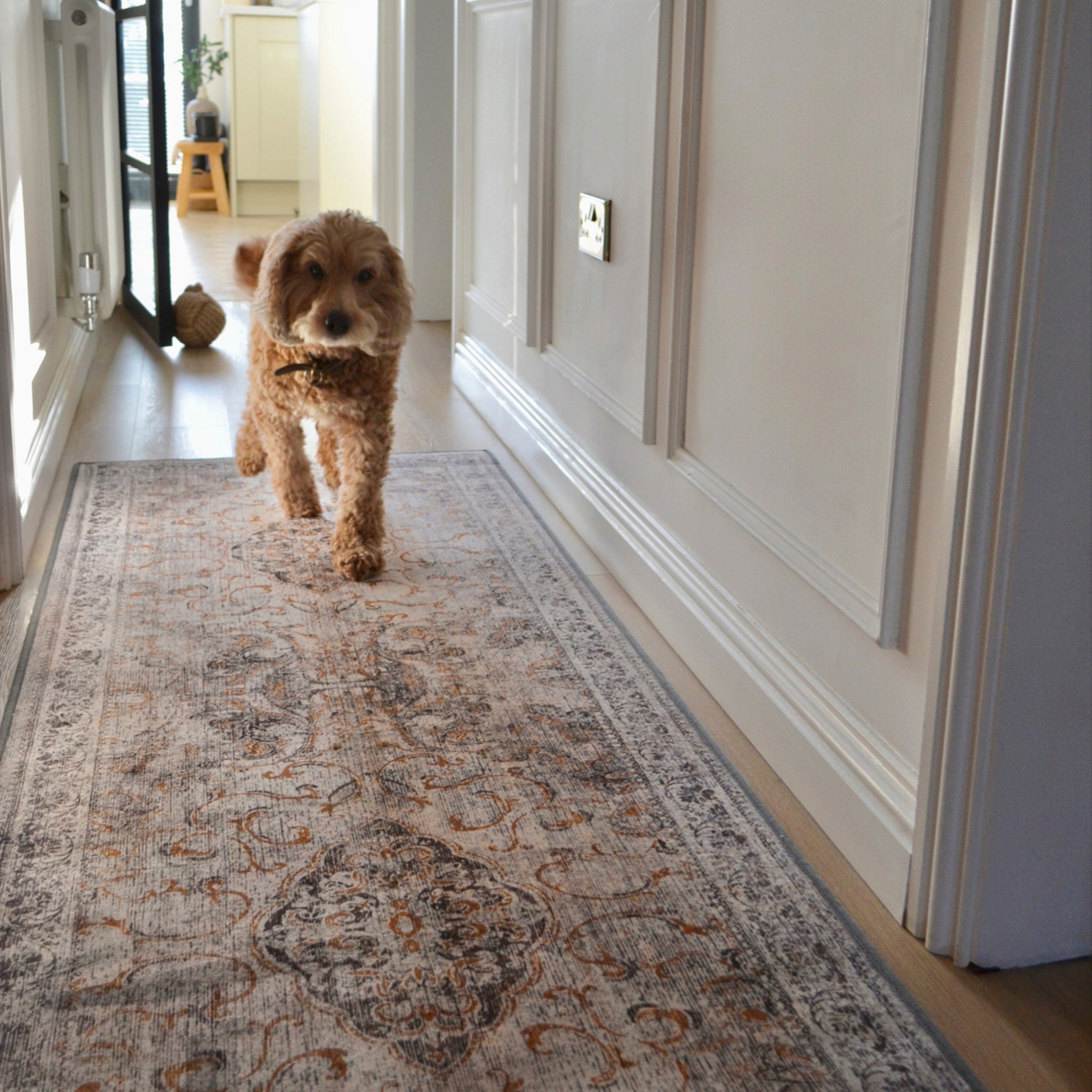 Baroque Eco‑Washable Runner with a textured ornate pattern, styled in a hallway.