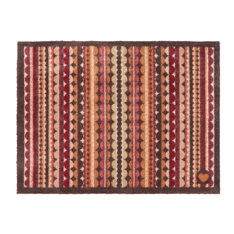 A rectangular doormat with a multicolor Southwestern-style geometric pattern featuring vertical stripes of red, orange, brown, beige, and cream, finished with a dark brown border.