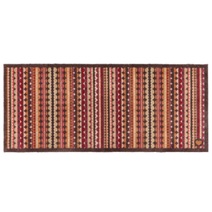 A rectangular woven runner with a Southwestern-style geometric pattern featuring vertical stripes of red, orange, beige, and brown with diamond and triangle motifs, set against a plain white background.
