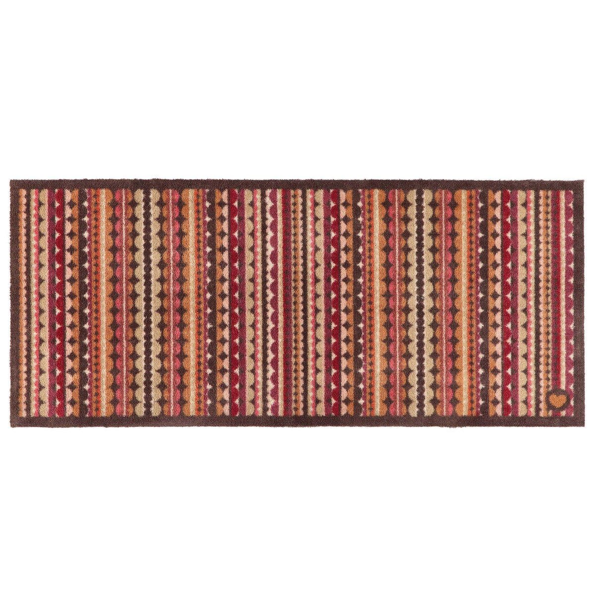 A rectangular woven runner with a Southwestern-style geometric pattern featuring vertical stripes of red, orange, beige, and brown with diamond and triangle motifs, set against a plain white background.