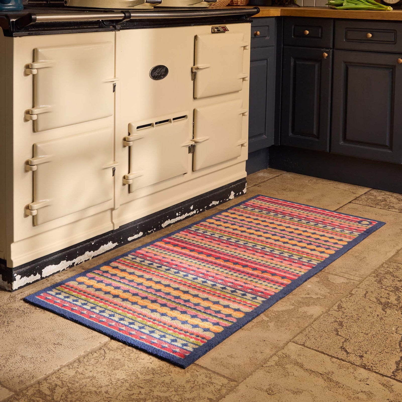 Beady Stripe Multi Washable Runner in a contempoary design, styled in a kitchen.