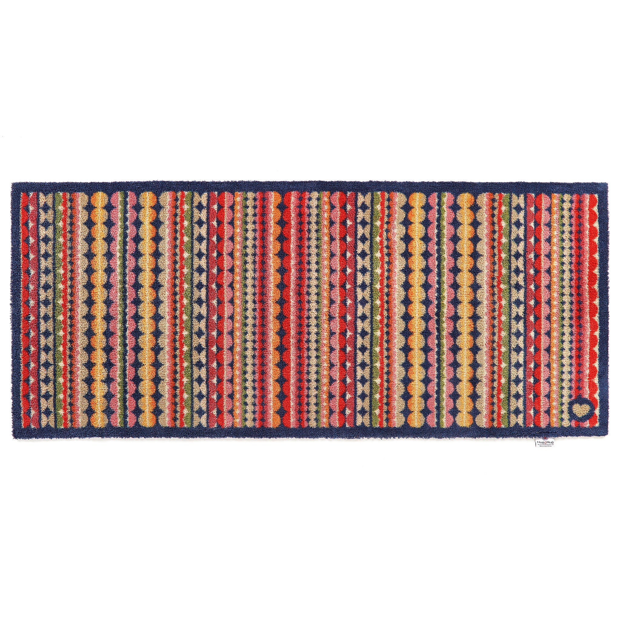 Beady Stripe Charity Runner- a 100% recycled cotton runner featuring multi-coloured stripe pattern in navy, red, pink, orange, green, white and beige.