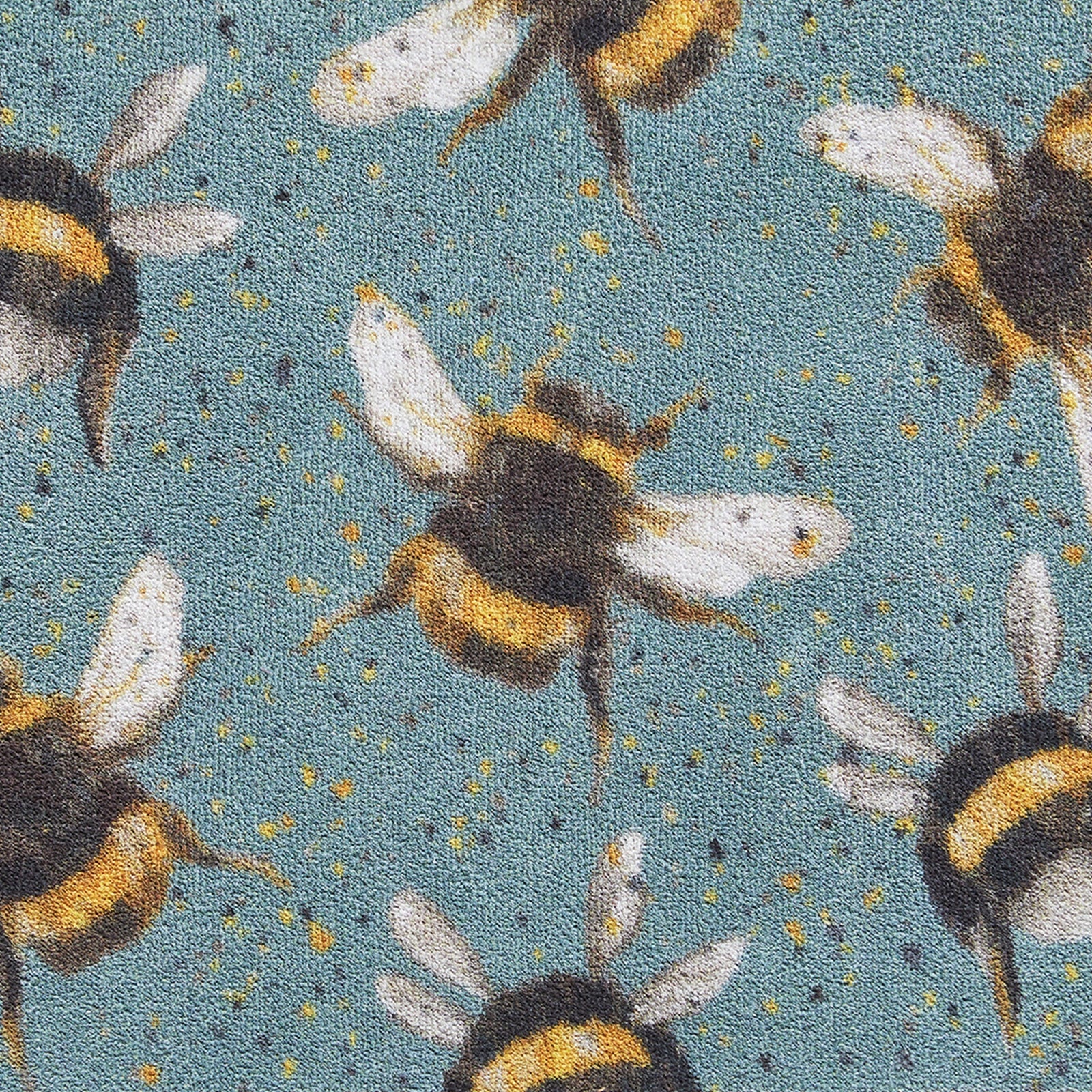 Bee 3 Charity Runner in Blue- 100% recycled cotton runner featuring yellow and charcoal splatters, with multi-directional bumblebees. 