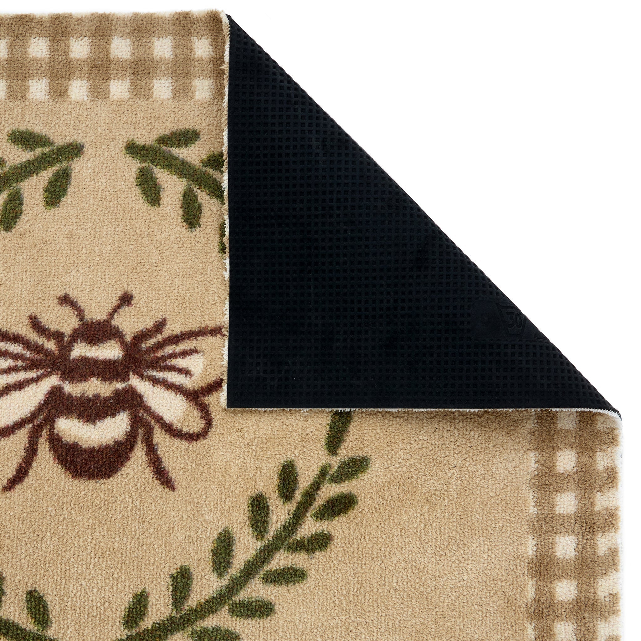 Beehive Beige Charity Runner- 100% recycled cotton runner featuring a collection of bees surrounded by green laurel branches in an oval pattern.