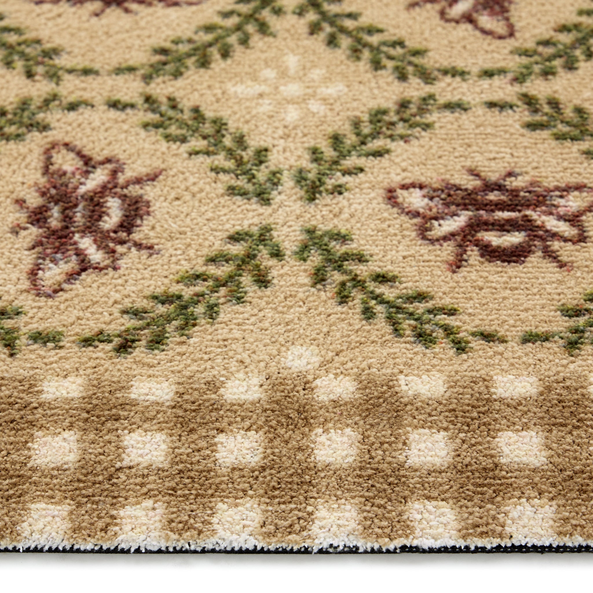 Beehive Beige Charity Runner- 100% recycled cotton runner featuring a collection of bees surrounded by green laurel branches in an oval pattern.