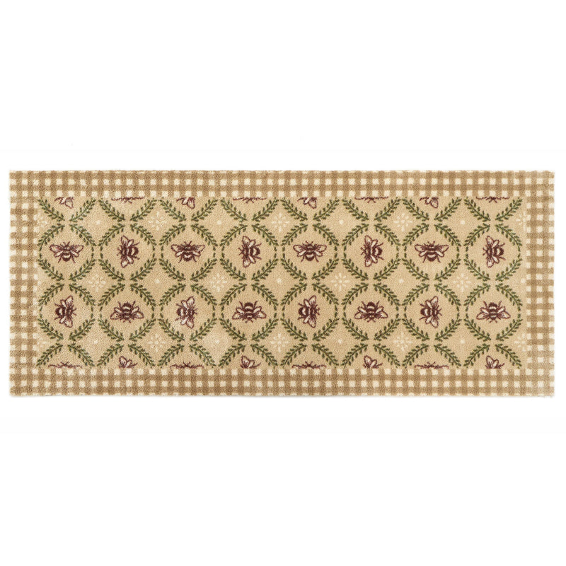 Beehive Beige Charity Runner- 100% recycled cotton runner featuring a collection of bees surrounded by green laurel branches in an oval pattern