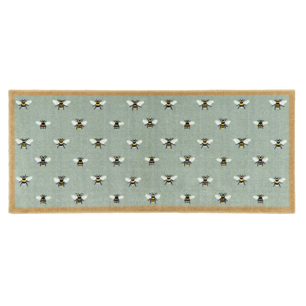 A rectangular area runner with a light sage green background featuring a repeating pattern of bumblebees, finished with a natural colour border.