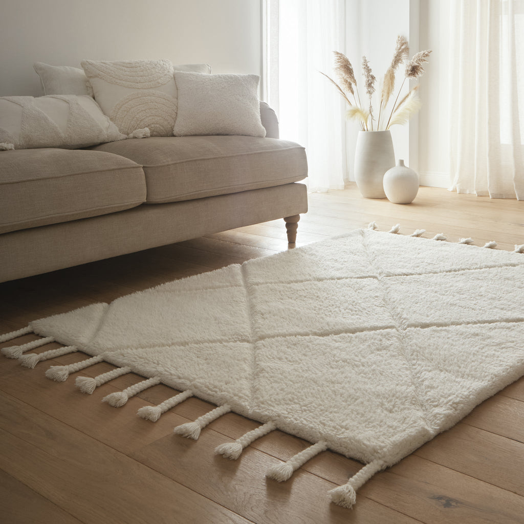 Berber Diamond rug- 100% shaggy wool rug in Ivory with a geometric design. 