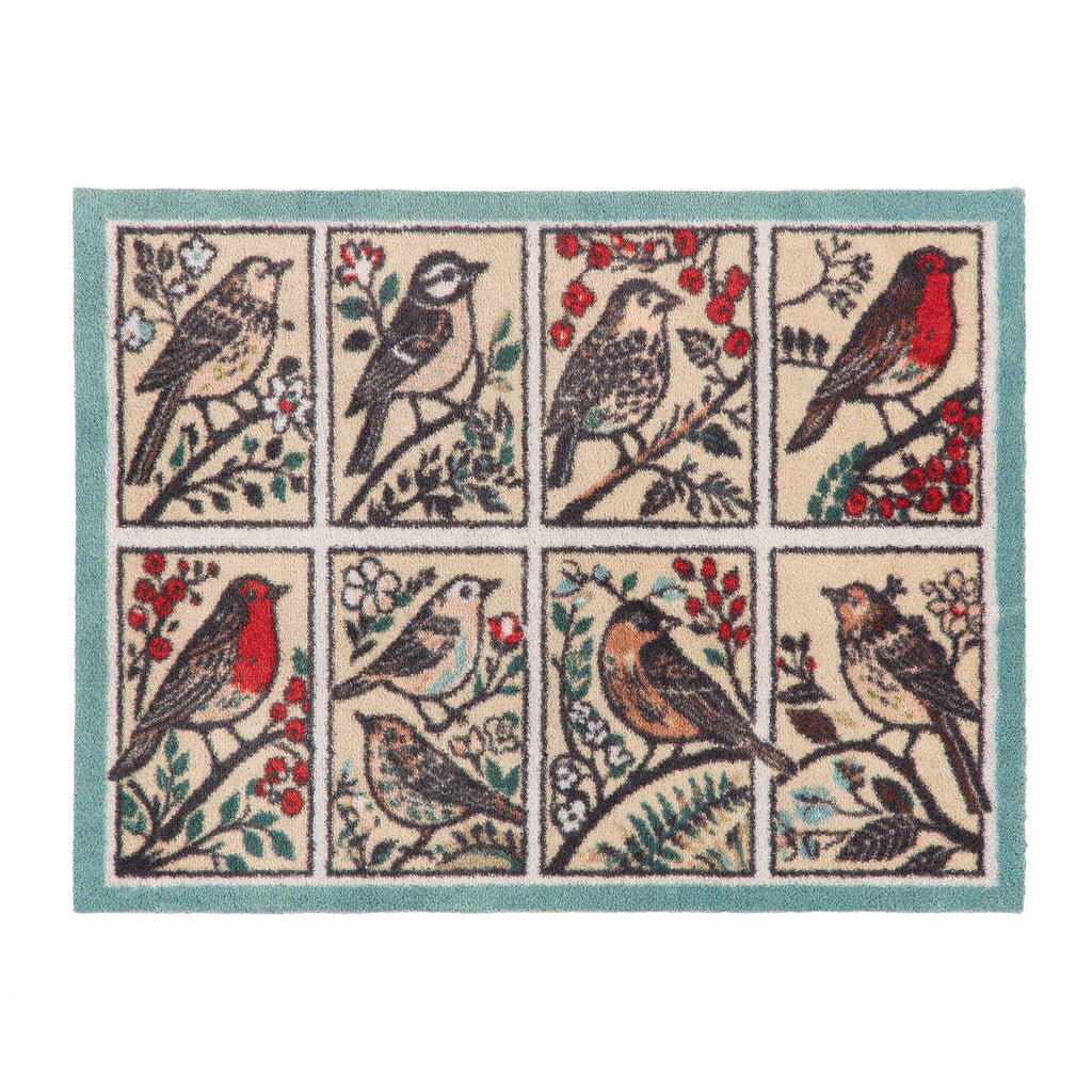 A rectangular doormat with a teal border and eight panels featuring different bird illustrations in red, brown, black, and white on a cream background.