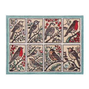 A rectangular doormat with a teal border and eight panels featuring different bird illustrations in red, brown, black, and white on a cream background.