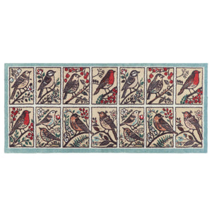 A rectangular runner with ten panels showing different bird illustrations in red, black, beige, and green tones, photographed against a plain white background.