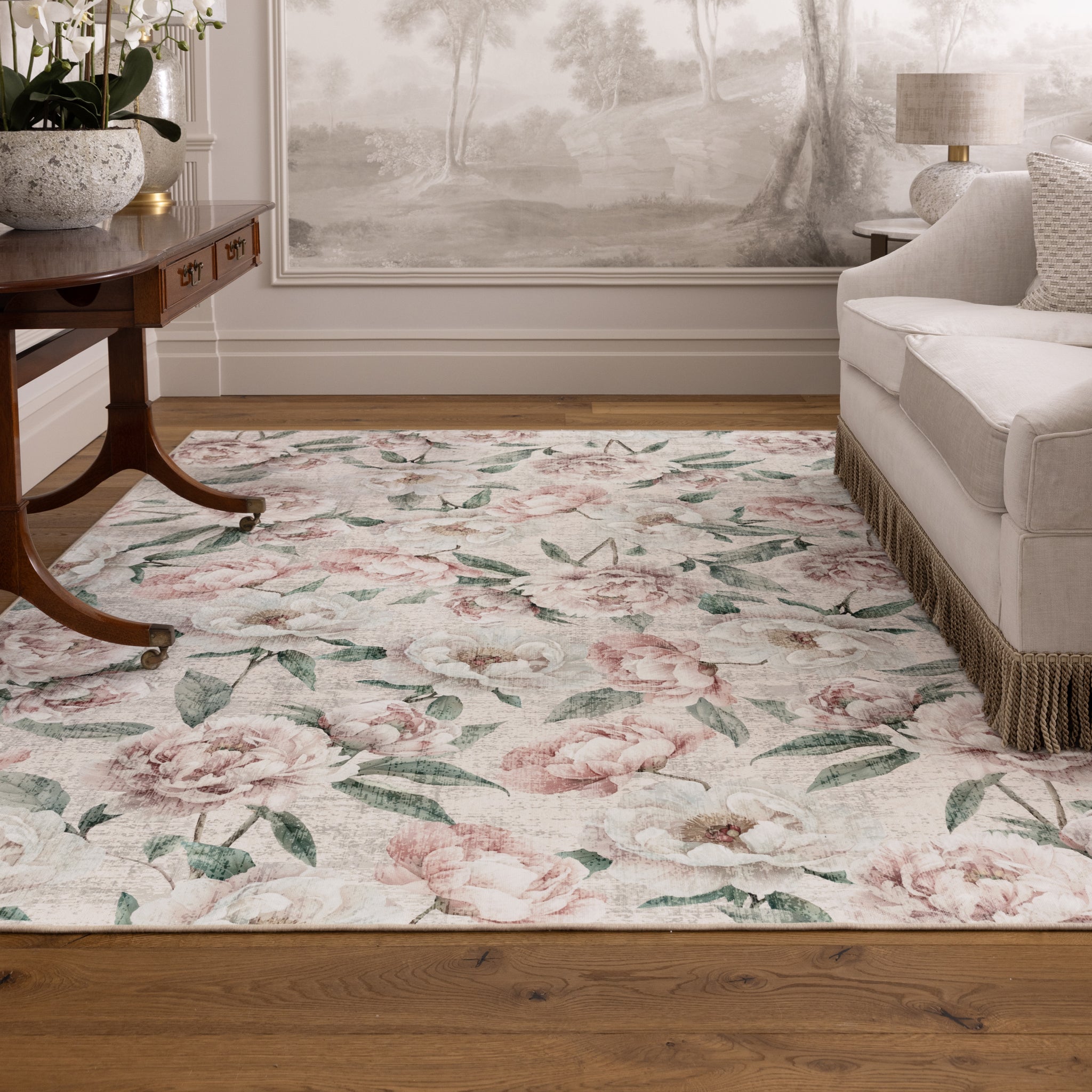 Blooming Peonies Pink Eco-Washable Rug made from 100% recycled materials, featuring pink peonies against a pink background.