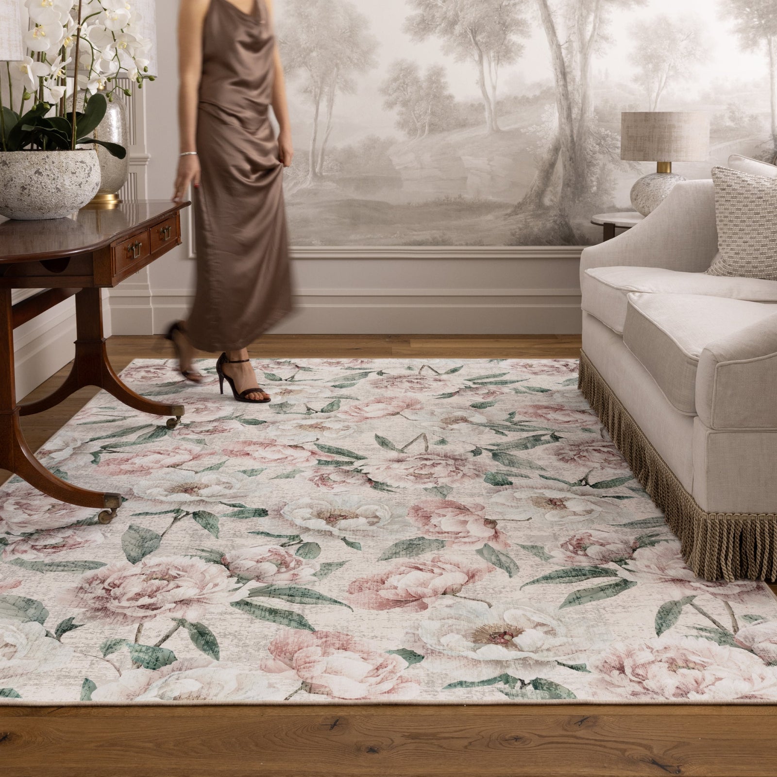 Blooming Peonies Pink Eco-Washable Rug made from 100% recycled materials, featuring pink peonies against a pink background.