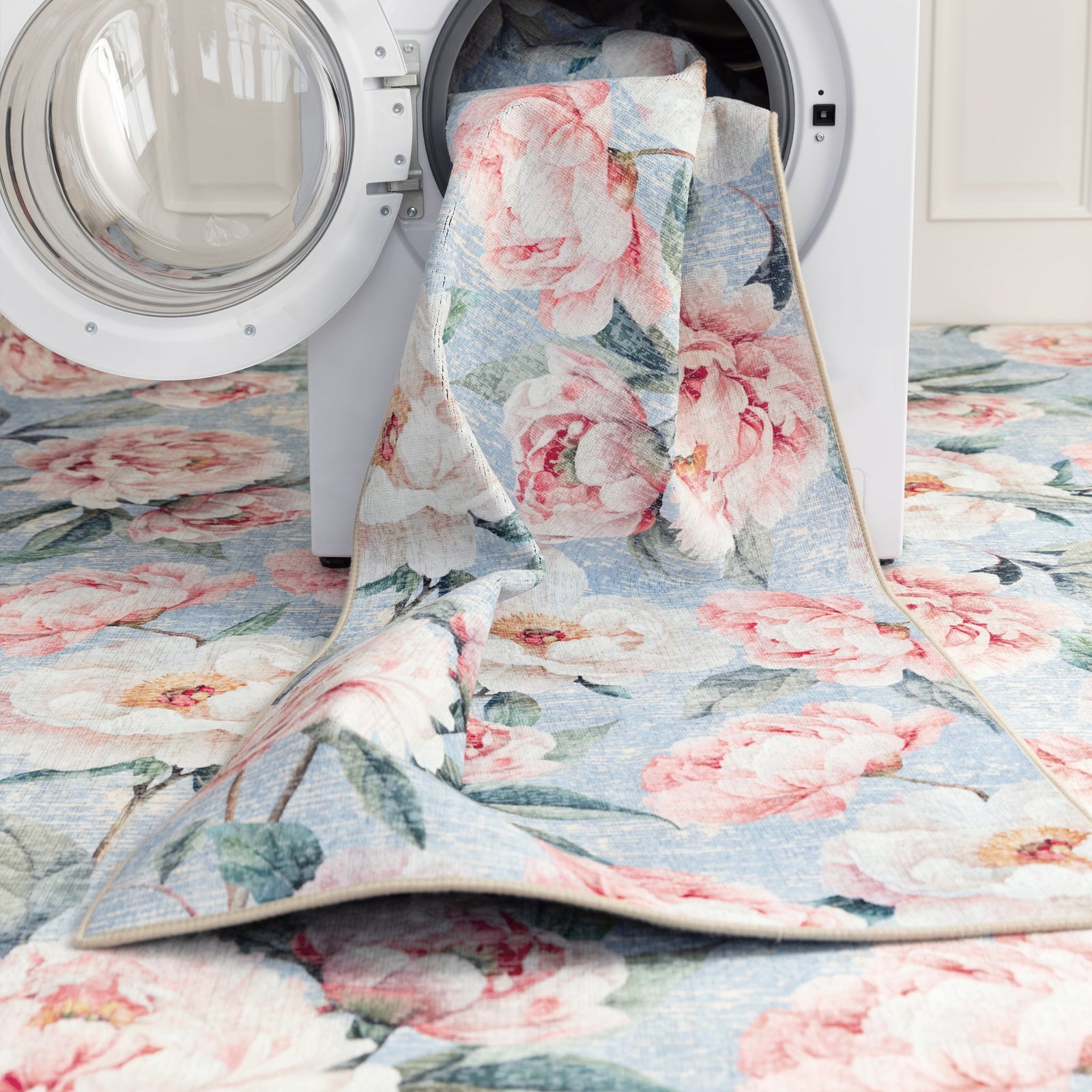Hug Rug Blue Blooming Peonies Washable Rug and Runner