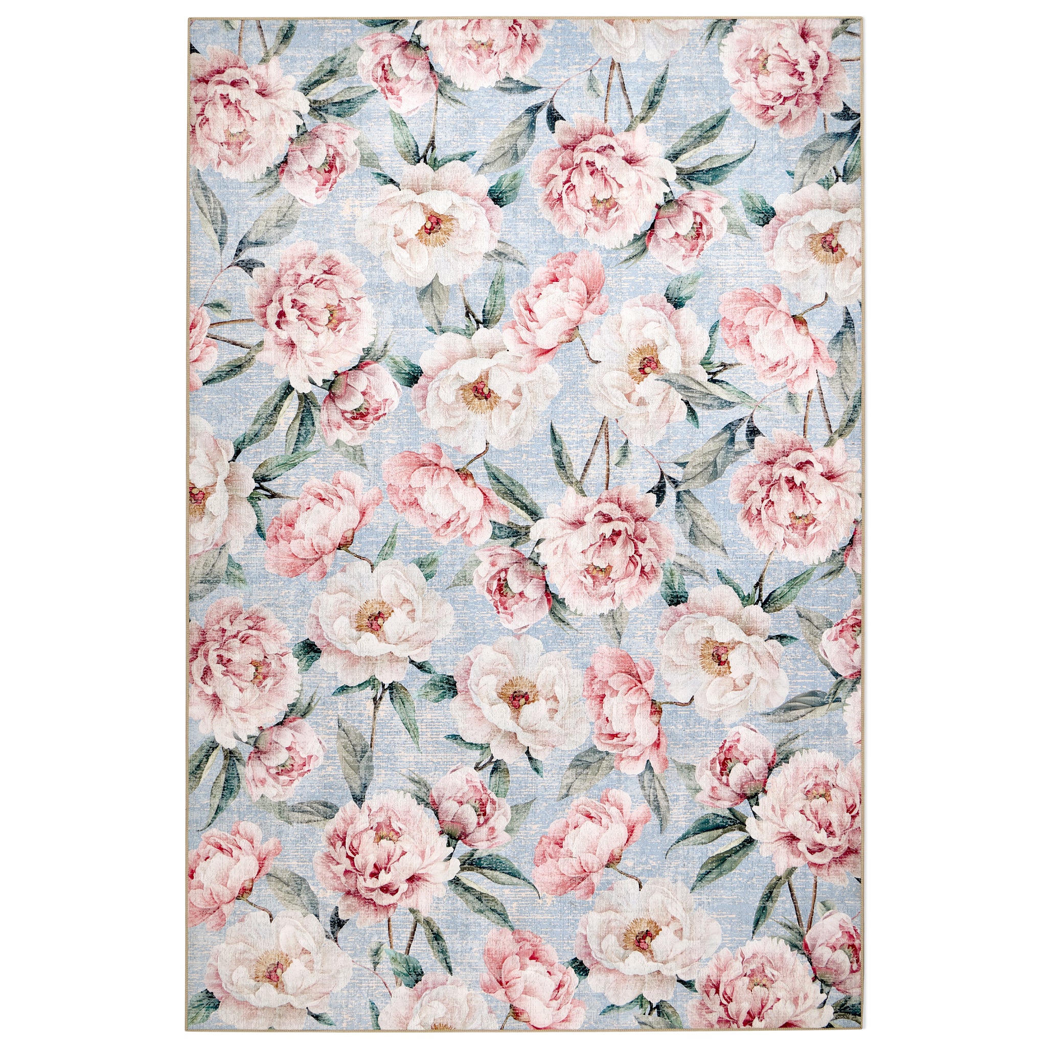 Blooming Peonies Blue Eco-Washable Rug | Floral Non-Slip Rug | Hug Rug