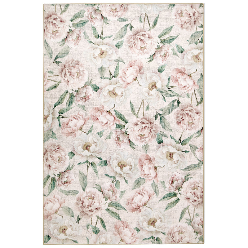 Blooming Peonies Pink Eco-Washable Rug made from 100% recycled materials, featuring pink peonies against a pink background.