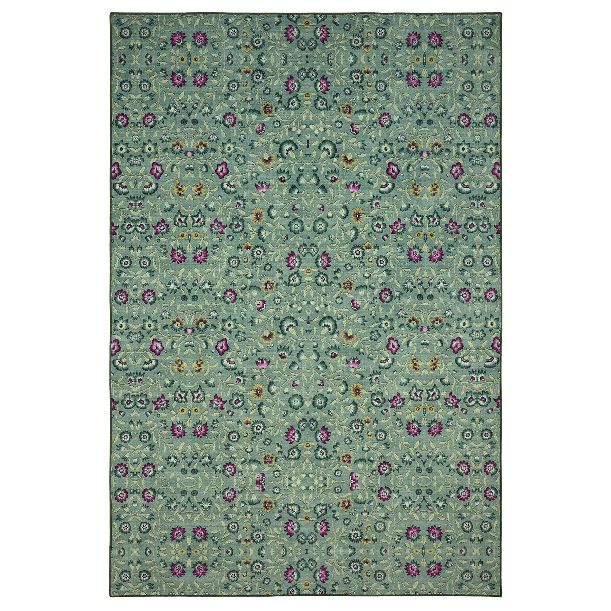 Blossoming Vines Eco-Washable Rug- a green eco-washable rug featuring colourful florals and green leaves. 