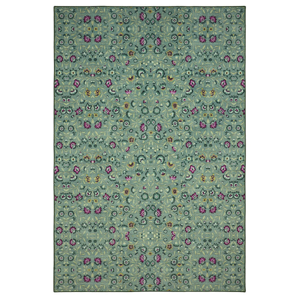 Blossoming Vines Eco-Washable Rug- a green eco-washable rug featuring colourful florals and green leaves. 