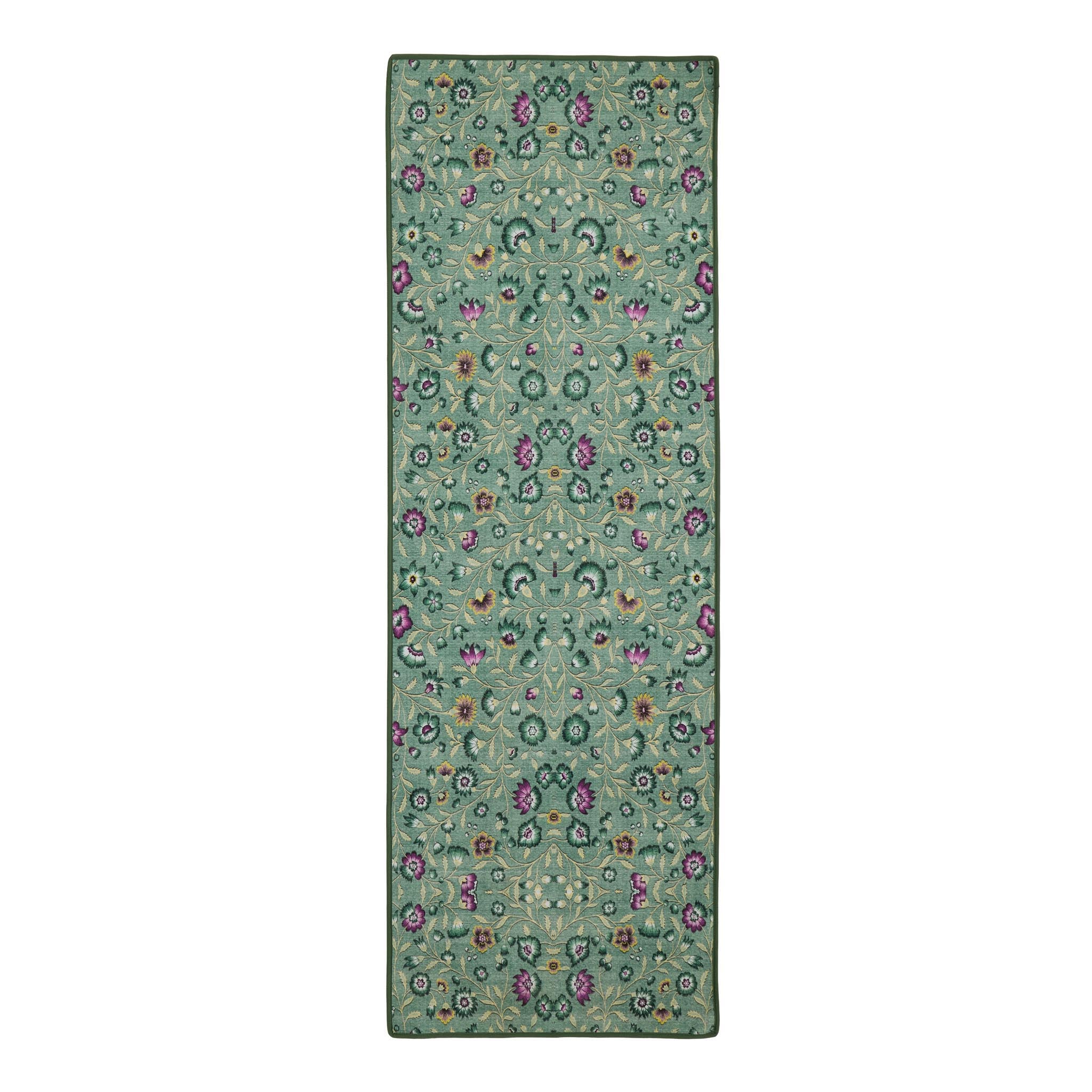 Blossoming Vines Eco-Washable Runner- a green eco-washable runner featuring colourful florals and green leaves. 