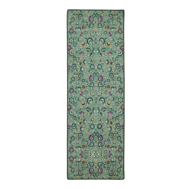 Blossoming Vines Eco-Washable Runner- a green eco-washable runner featuring colourful florals and green leaves. 