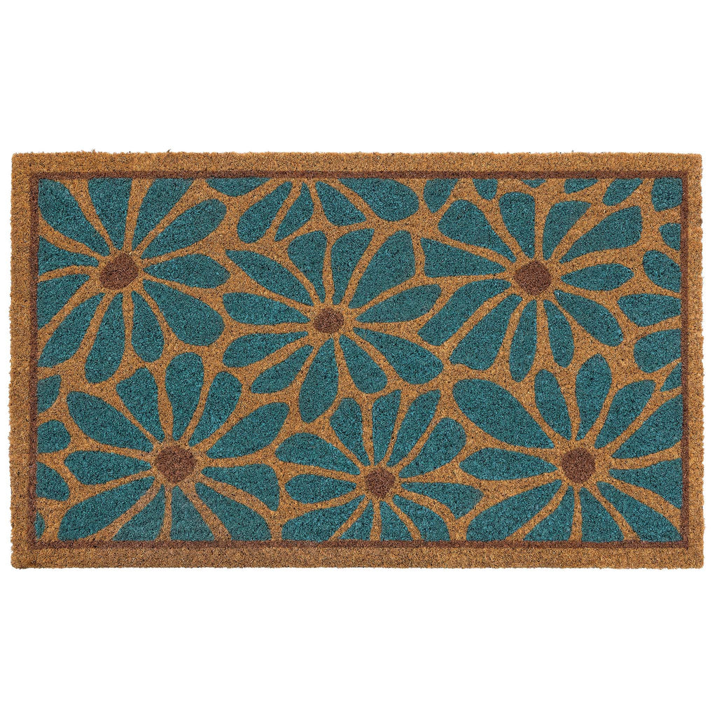 Boho Floral Coir Doormat. Made from 100% coconut husk fibres featuring a blue floral pattern.
